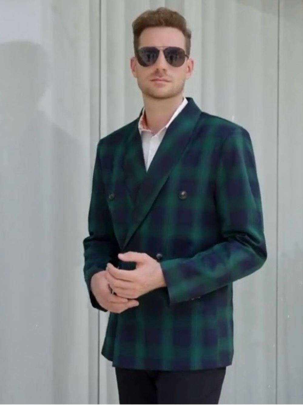 Double-Breasted Green & Black Plaid Blazer - Men - Picture 4 of 13